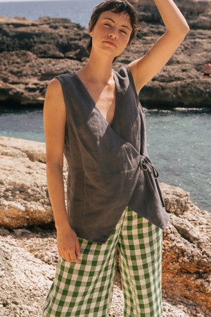 Blanca sleeveless linen wrap top in Charcoal from AmourLinen