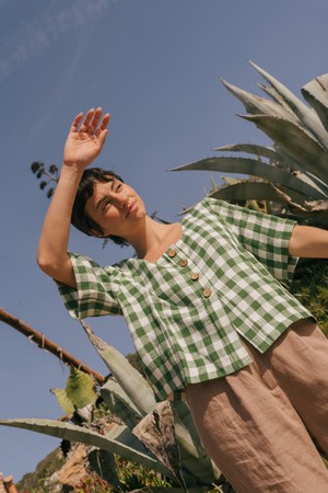 Maeve button linen top in Green Gingham from AmourLinen