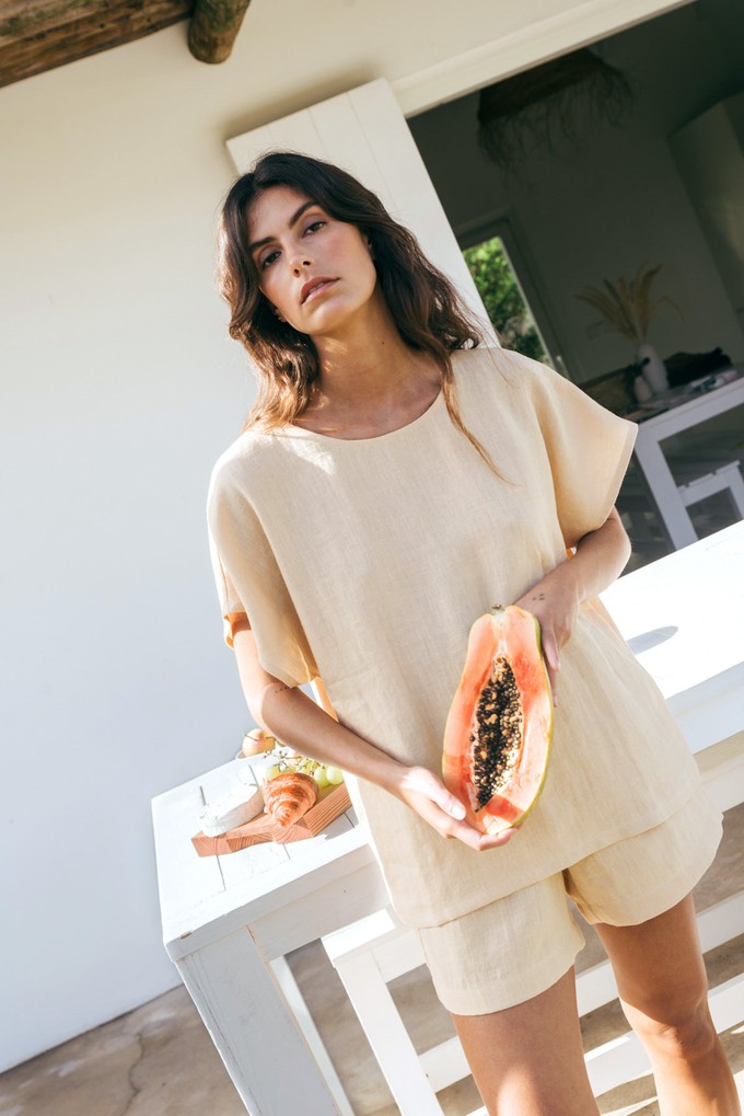 Cloud Nine short sleeve linen pajama set in Mustard from AmourLinen