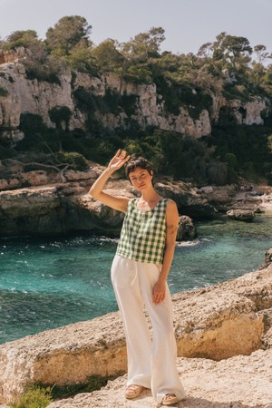 Ella pinafore linen top in Green Gingham from AmourLinen