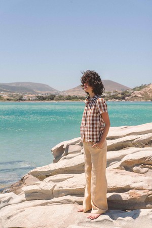 Scarlett short sleeve linen shirt in Mocha Gingham from AmourLinen