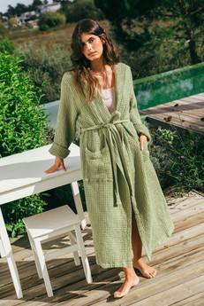 Snuggle linen waffle bathrobe in Moss Green via AmourLinen