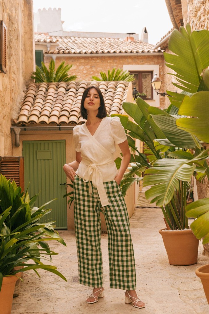 Barbora straight linen pants in Green Gingham from AmourLinen