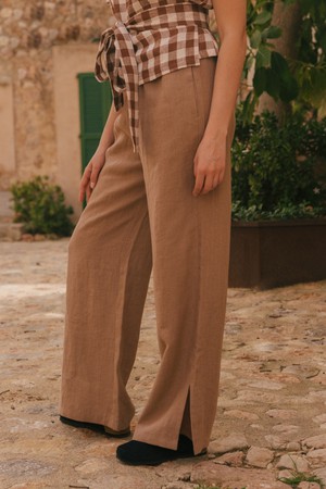 Leah wide linen pants with slits in Rosy Brown from AmourLinen
