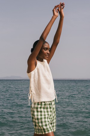 Mia linen shorts in Green Gingham from AmourLinen
