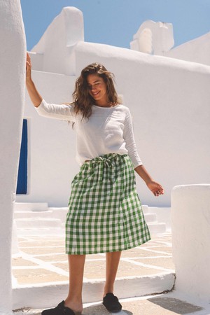 Bergen mid length linen skirt in Green Gingham from AmourLinen