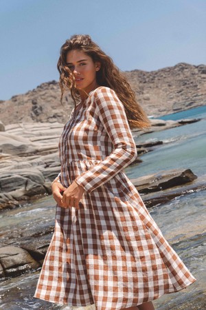 Lapland mid length linen dress in Mocha Gingham from AmourLinen