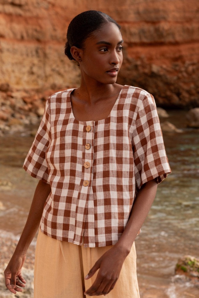 Maeve button linen top in Mocha Gingham from AmourLinen