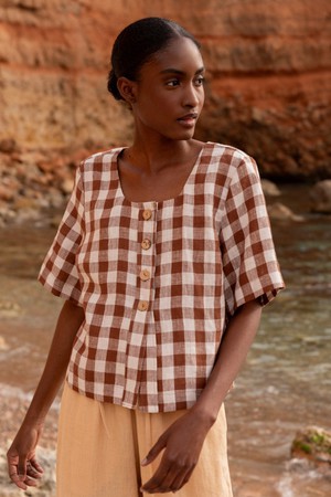 Maeve button linen top in Mocha Gingham from AmourLinen
