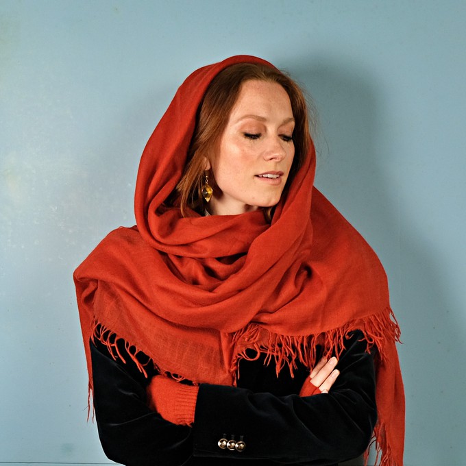 Large Orange Cashmere Scarf with Fringes from Asneh