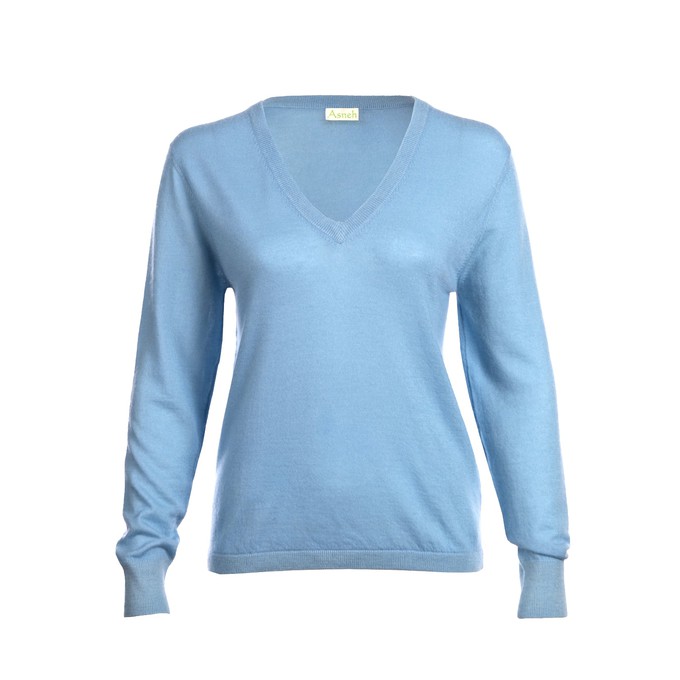 Light Blue Cashmere V-neck Sweater in fine knit from Asneh