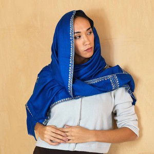 Blue Cashmere Scarf with Sozni Embroidered Borders from Asneh