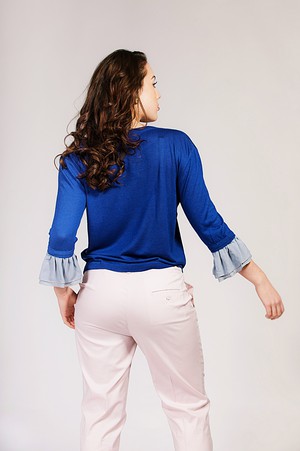 Blue Silk Cashmere Sweater with Grey Silk Ruffles from Asneh