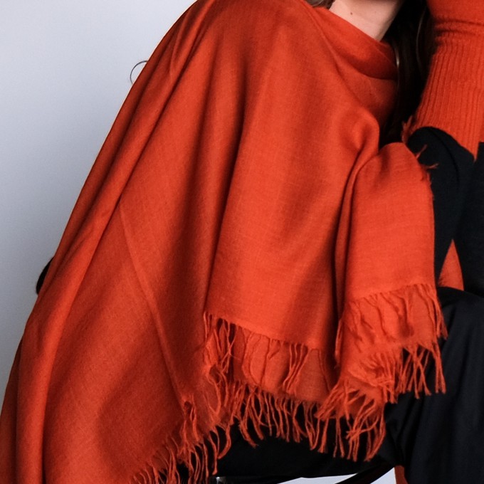 Large Orange Cashmere Scarf with Fringes from Asneh
