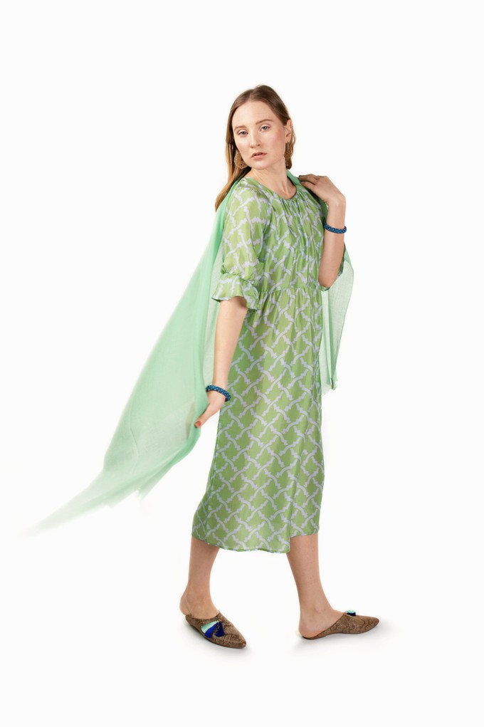 Green midi silk dress with blue print from Asneh
