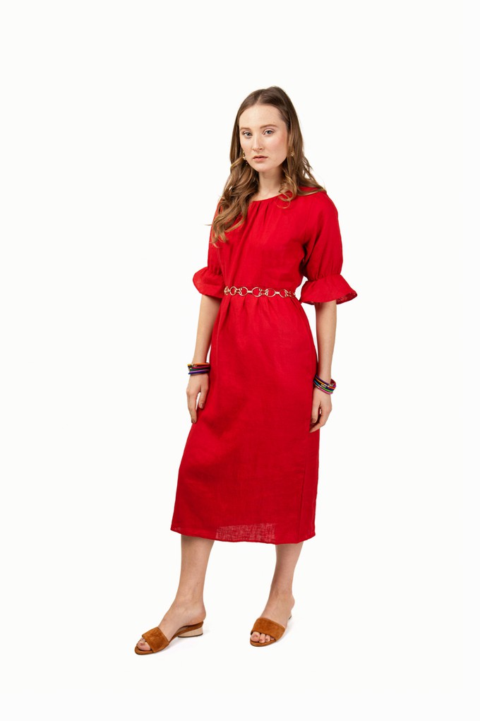 Red midi linen dress with half length sleeves. from Asneh