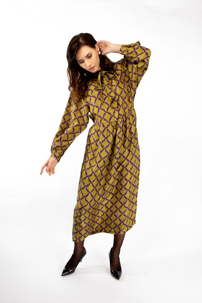 Olive Green Silk Dress with Purple Print from Asneh