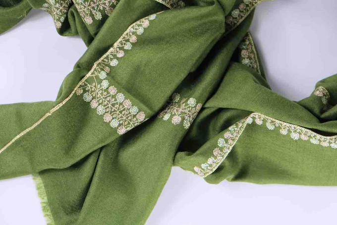 Green Cashmere Scarf with Sozni Embroidered Borders from Asneh