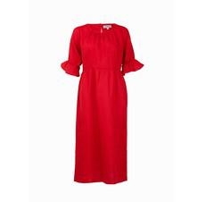 Red midi linen dress with half length sleeves. van Asneh