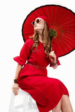 Red midi linen dress with half length sleeves. from Asneh
