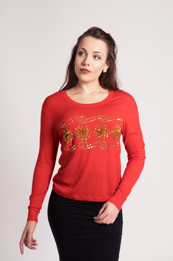 Red Cashmere Sweater with Gold Embroidery from Asneh