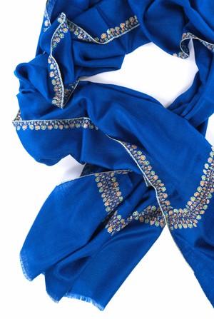 Blue Cashmere Scarf with Sozni Embroidered Borders from Asneh