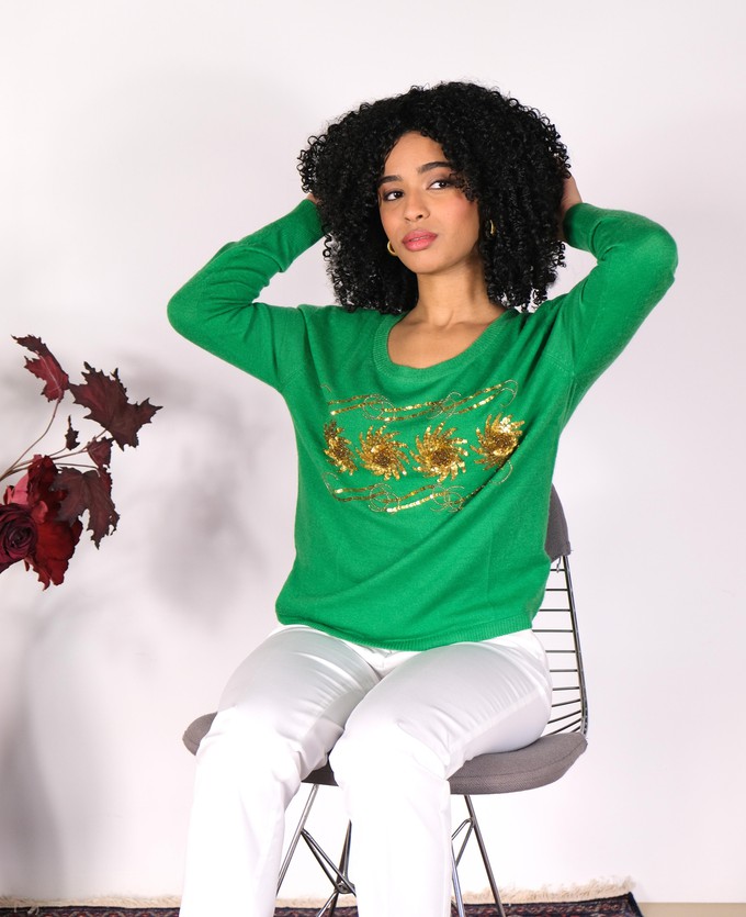 Green Cashmere Sweater with Sequin and Bead Embellishment from Asneh