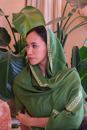 Green Cashmere Scarf with Sozni Embroidered Borders from Asneh