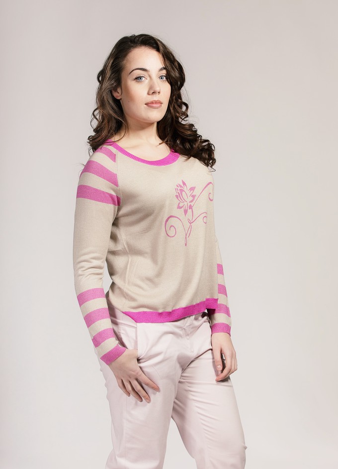 Beige Sweater in Cashmere Silk Knit with Pink from Asneh