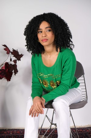Green Cashmere Sweater with Sequin and Bead Embellishment from Asneh