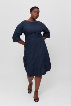 Mane | Elegant Midi Dress with Kimono Belt in Black-Blue from AYANI