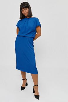 Amy | Midi Dress with Pencil Skirt and Neckline Detail in Classic Blue via AYANI