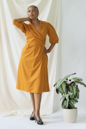 Isabel | Wrap Dress with balloon sleeves in Saffron from AYANI