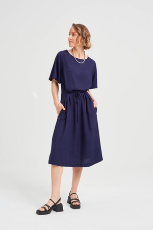 Nika | Round Neck Dress with Butterfly Sleeves in Black-Blue from AYANI