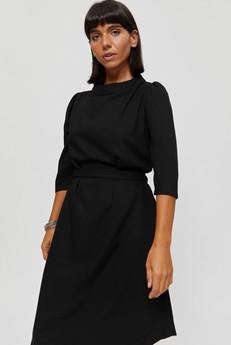 Suzi | Belted Angle Dress with Boat Neckline in Black via AYANI