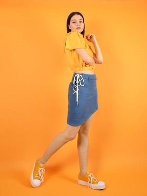 Lace up Skirt, Upcycled Cotton, in Denim Blue from blondegonerogue
