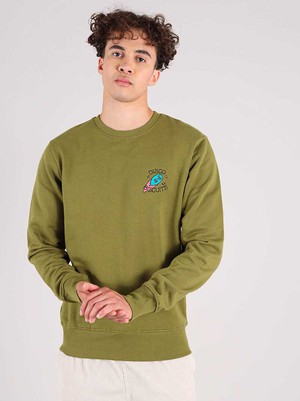 Disco Trip Embroidered Mens Sweatshirt, Organic Cotton, in Khaki Green from blondegonerogue
