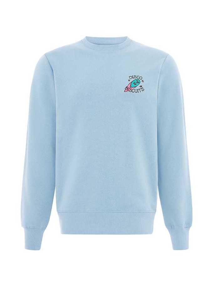 Disco Trip Embroidered Mens Sweatshirt, Organic Cotton, in Light Blue from blondegonerogue