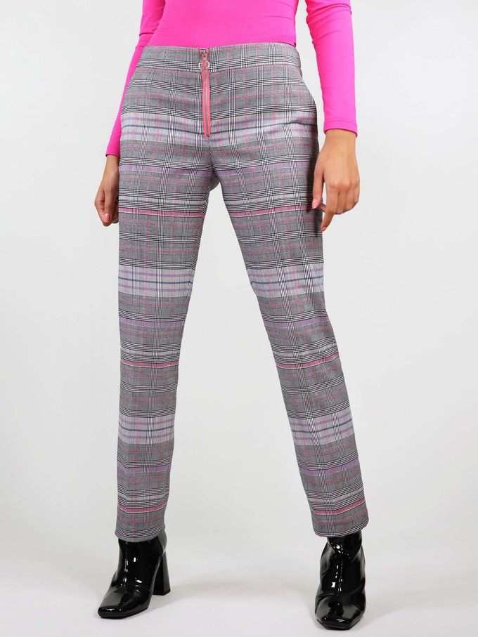 Revivify Straight Suit Trousers, Upcycled Polyester, in Grey & Pink Checker from blondegonerogue