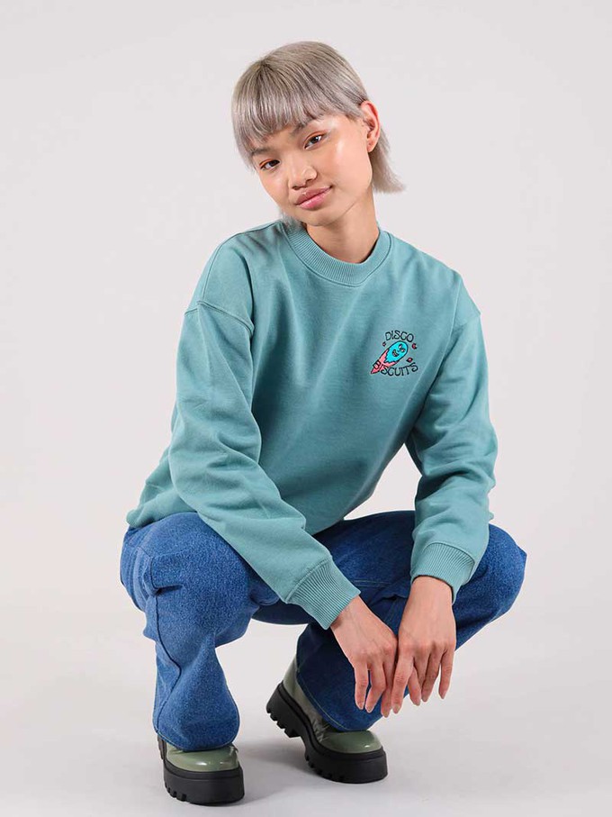 Disco Trip Embroidered Sweatshirt, Organic Cotton, in Turquoise Green from blondegonerogue