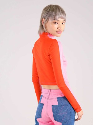 Bougie Crop Turtleneck Top, BCI Cotton, in Pink & Red from blondegonerogue