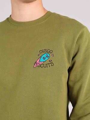 Disco Trip Embroidered Mens Sweatshirt, Organic Cotton, in Khaki Green from blondegonerogue