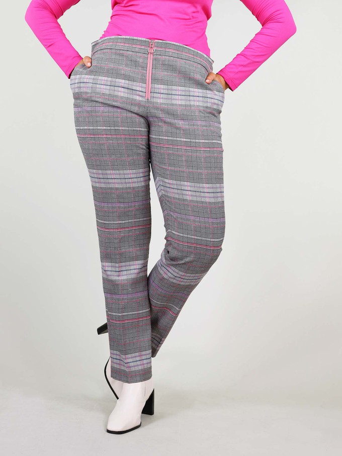 Revivify Straight Suit Trousers, Upcycled Polyester, in Grey & Pink Checker from blondegonerogue