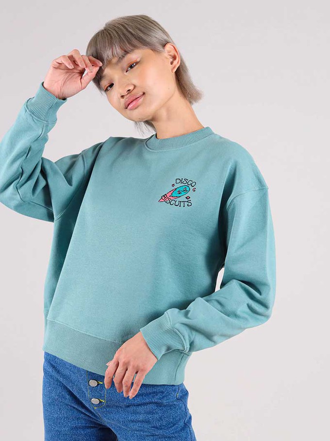 Disco Trip Embroidered Sweatshirt, Organic Cotton, in Turquoise Green from blondegonerogue