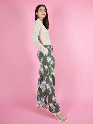 Girlboss Wide Leg Trousers, Upcycled Polyester, in Green & White Print from blondegonerogue
