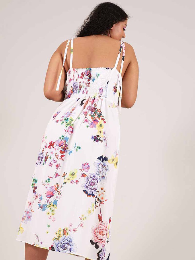 Flower Power Midi Dress with Slit, Upcycled Viscose, in White Flower Print from blondegonerogue