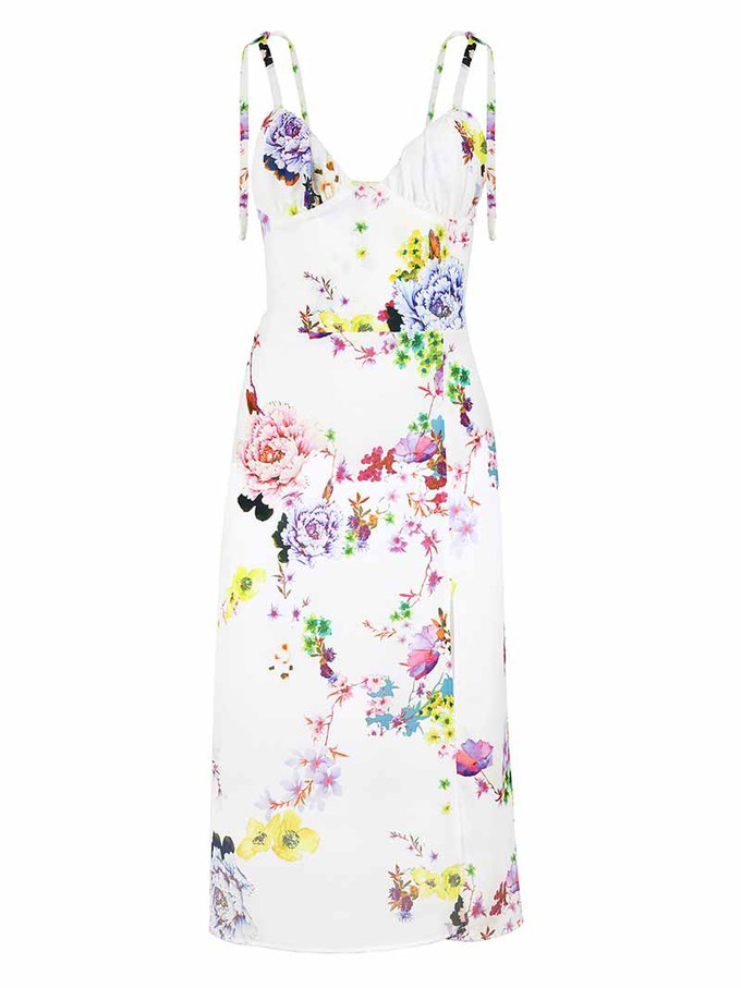 Flower Power Midi Dress with Slit, Upcycled Viscose, in White Flower Print from blondegonerogue