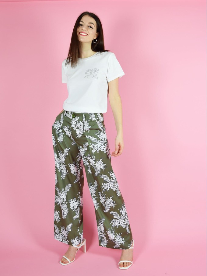 Girlboss Wide Leg Trousers, Upcycled Polyester, in Green & White Print from blondegonerogue
