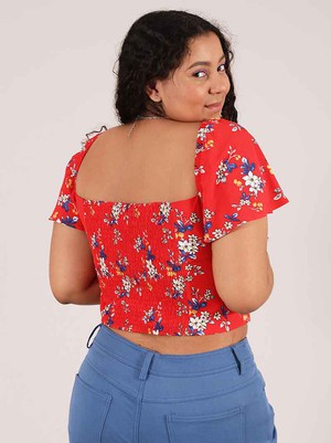 Flower Power Fitted Crop Top, Upcycled Viscose, in Red Flower Print from blondegonerogue