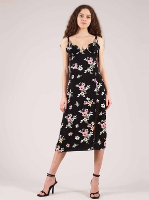 Flower Power Midi Dress with Slit, Upcycled Viscose, in Black Flower Print from blondegonerogue